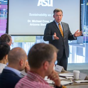 ASU President Michael Crow addresses the kick-off luncheon for founding members meeting of the Global Consortium for Sustainability Outcomes, on the Tempe campus, on Tuesday, Oct. 25, 2016. Nearly two dozen people representing the 12 founding members, from eight countries, listened to Dr. Crow ask the rhetorical question, "Could sustainability ever be a value?"