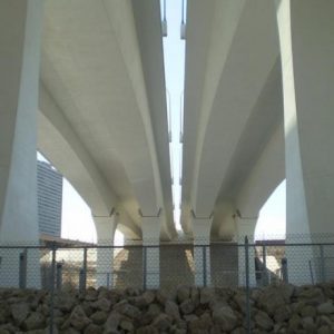 The underside of a white bridge in Minneapolis