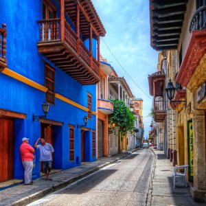 Street view of colorful colonial streets in Cartagena